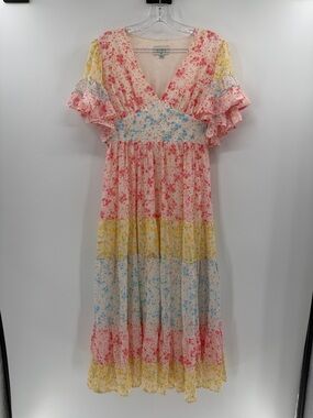 Aura Women's V-neck Tiered Patchwork Cottage Dress - Multicolor Floral - Small